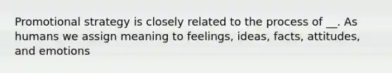 Promotional strategy is closely related to the process of __. As humans we assign meaning to feelings, ideas, facts, attitudes, and emotions