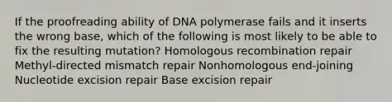 If the proofreading ability of DNA polymerase fails and it inserts the wrong base, which of the following is most likely to be able to fix the resulting mutation? Homologous recombination repair Methyl-directed mismatch repair Nonhomologous end-joining Nucleotide excision repair Base excision repair