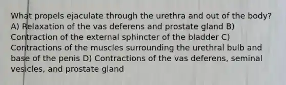 What propels ejaculate through the urethra and out of the body? A) Relaxation of the vas deferens and prostate gland B) Contraction of the external sphincter of the bladder C) Contractions of the muscles surrounding the urethral bulb and base of the penis D) Contractions of the vas deferens, seminal vesicles, and prostate gland