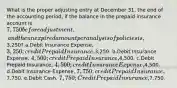 What is the proper adjusting entry at December 31, the end of the accounting period, if the balance in the prepaid insurance account is 7,750 before adjustment, and the unexpired amount per analysis of policies is,3,250? a.Debit Insurance Expense, 3,250; credit Prepaid Insurance,3,250. b.Debit Insurance Expense, 4,500; credit Prepaid Insurance,4,500. c.Debit Prepaid Insurance, 4,500; credit Insurance Expense,4,500. d.Debit Insurance Expense, 7,750; credit Prepaid Insurance,7,750. e.Debit Cash, 7,750; Credit Prepaid Insurance,7,750.