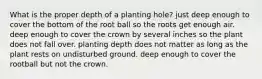 What is the proper depth of a planting hole? just deep enough to cover the bottom of the root ball so the roots get enough air. deep enough to cover the crown by several inches so the plant does not fall over. planting depth does not matter as long as the plant rests on undisturbed ground. deep enough to cover the rootball but not the crown.