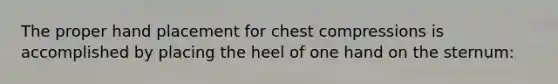 The proper hand placement for chest compressions is accomplished by placing the heel of one hand on the sternum: