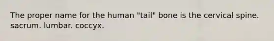 The proper name for the human "tail" bone is the cervical spine. sacrum. lumbar. coccyx.