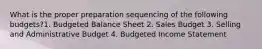 What is the proper preparation sequencing of the following budgets?1. Budgeted Balance Sheet 2. Sales Budget 3. Selling and Administrative Budget 4. Budgeted Income Statement