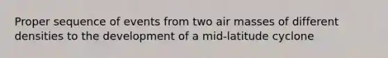 Proper sequence of events from two <a href='https://www.questionai.com/knowledge/kxxue2ni5z-air-masses' class='anchor-knowledge'>air masses</a> of different densities to the development of a mid-latitude cyclone