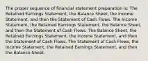 The proper sequence of financial statement preparation is: The Retained Earnings Statement, the Balance Sheet, the Income Statement, and then the Statement of Cash Flows. The Income Statement, the Retained Earnings Statement, the Balance Sheet, and then the Statement of Cash Flows. The Balance Sheet, the Retained Earnings Statement, the Income Statement, and then the Statement of Cash Flows. The Statement of Cash Flows, the Income Statement, the Retained Earnings Statement, and then the Balance Sheet.