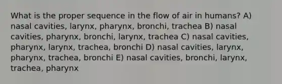 What is the proper sequence in the flow of air in humans? A) nasal cavities, larynx, pharynx, bronchi, trachea B) nasal cavities, pharynx, bronchi, larynx, trachea C) nasal cavities, pharynx, larynx, trachea, bronchi D) nasal cavities, larynx, pharynx, trachea, bronchi E) nasal cavities, bronchi, larynx, trachea, pharynx