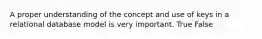 A proper understanding of the concept and use of keys in a relational database model is very important. True False