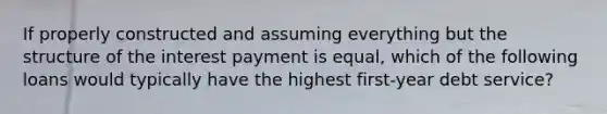 If properly constructed and assuming everything but the structure of the interest payment is equal, which of the following loans would typically have the highest first-year debt service?