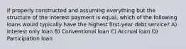 If properly constructed and assuming everything but the structure of the interest payment is equal, which of the following loans would typically have the highest first-year debt service? A) Interest only loan B) Conventional loan C) Accrual loan D) Participation loan