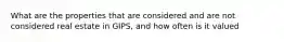 What are the properties that are considered and are not considered real estate in GIPS, and how often is it valued