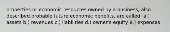 properties or economic resources owned by a business, also described probable future economic benefits, are called: a.) assets b.) revenues c.) liabilities d.) owner's equity e.) expenses