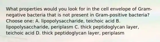 What properties would you look for in the cell envelope of Gram-negative bacteria that is not present in Gram-positive bacteria? Choose one: A. lipopolysaccharide, teichoic acid B. lipopolysaccharide, periplasm C. thick peptidoglycan layer, teichoic acid D. thick peptidoglycan layer, periplasm