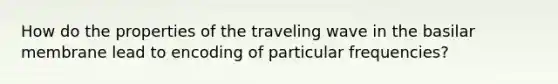 How do the properties of the traveling wave in the basilar membrane lead to encoding of particular frequencies?