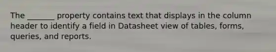 The _______ property contains text that displays in the column header to identify a field in Datasheet view of tables, forms, queries, and reports.