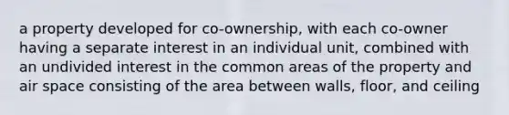 a property developed for co-ownership, with each co-owner having a separate interest in an individual unit, combined with an undivided interest in the common areas of the property and air space consisting of the area between walls, floor, and ceiling