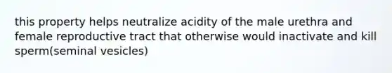 this property helps neutralize acidity of the male urethra and female reproductive tract that otherwise would inactivate and kill sperm(seminal vesicles)