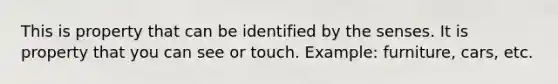 This is property that can be identified by the senses. It is property that you can see or touch. Example: furniture, cars, etc.