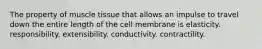 The property of muscle tissue that allows an impulse to travel down the entire length of the cell membrane is elasticity. responsibility. extensibility. conductivity. contractility.