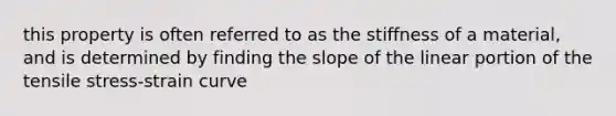 this property is often referred to as the stiffness of a material, and is determined by finding the slope of the linear portion of the tensile stress-strain curve