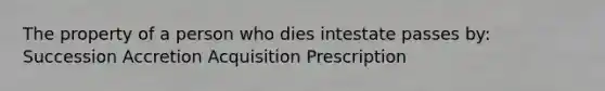 The property of a person who dies intestate passes by: Succession Accretion Acquisition Prescription