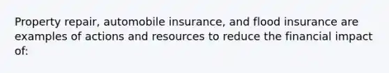 Property repair, automobile insurance, and flood insurance are examples of actions and resources to reduce the financial impact of: