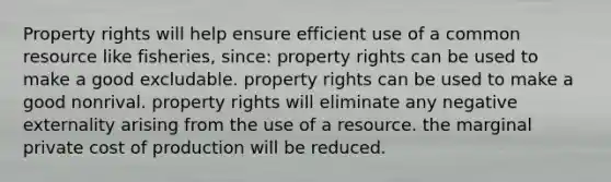 Property rights will help ensure efficient use of a common resource like fisheries, since: property rights can be used to make a good excludable. property rights can be used to make a good nonrival. property rights will eliminate any negative externality arising from the use of a resource. the marginal private cost of production will be reduced.