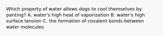 Which property of water allows dogs to cool themselves by panting? A. water's high heat of vaporization B. water's high surface tension C. the formation of covalent bonds between water molecules