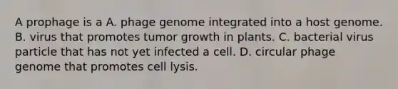 A prophage is a A. phage genome integrated into a host genome. B. virus that promotes tumor growth in plants. C. bacterial virus particle that has not yet infected a cell. D. circular phage genome that promotes cell lysis.