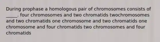 During prophase a homologous pair of chromosomes consists of _____. four chromosomes and two chromatids twochromosomes and two chromatids one chromosome and two chromatids one chromosome and four chromatids two chromosomes and four chromatids