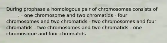 During prophase a homologous pair of chromosomes consists of _____. - one chromosome and two chromatids - four chromosomes and two chromatids - two chromosomes and four chromatids - two chromosomes and two chromatids - one chromosome and four chromatids