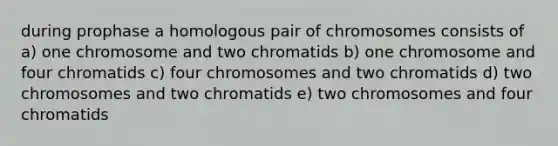 during prophase a homologous pair of chromosomes consists of a) one chromosome and two chromatids b) one chromosome and four chromatids c) four chromosomes and two chromatids d) two chromosomes and two chromatids e) two chromosomes and four chromatids