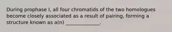 During prophase I, all four chromatids of the two homologues become closely associated as a result of pairing, forming a structure known as a(n) ______________.