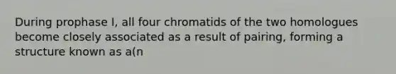 During prophase I, all four chromatids of the two homologues become closely associated as a result of pairing, forming a structure known as a(n