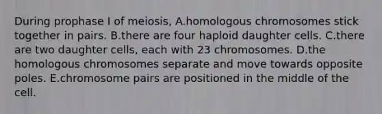 During prophase I of meiosis, A.homologous chromosomes stick together in pairs. B.there are four haploid daughter cells. C.there are two daughter cells, each with 23 chromosomes. D.the homologous chromosomes separate and move towards opposite poles. E.chromosome pairs are positioned in the middle of the cell.