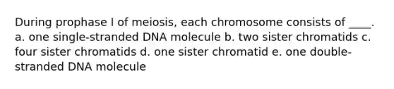 During prophase I of meiosis, each chromosome consists of ____. a. one single-stranded DNA molecule b. two sister chromatids c. four sister chromatids d. one sister chromatid e. one double-stranded DNA molecule