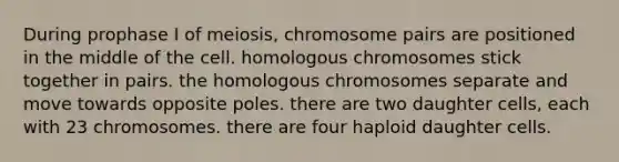 During prophase I of meiosis, chromosome pairs are positioned in the middle of the cell. homologous chromosomes stick together in pairs. the homologous chromosomes separate and move towards opposite poles. there are two daughter cells, each with 23 chromosomes. there are four haploid daughter cells.