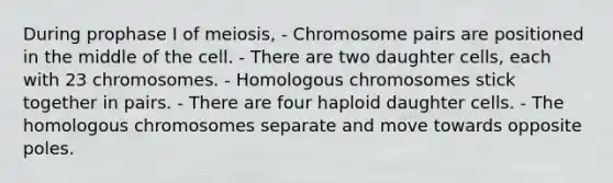 During prophase I of meiosis, - Chromosome pairs are positioned in the middle of the cell. - There are two daughter cells, each with 23 chromosomes. - Homologous chromosomes stick together in pairs. - There are four haploid daughter cells. - The homologous chromosomes separate and move towards opposite poles.