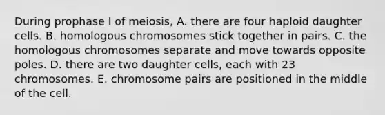 During prophase I of meiosis, A. there are four haploid daughter cells. B. homologous chromosomes stick together in pairs. C. the homologous chromosomes separate and move towards opposite poles. D. there are two daughter cells, each with 23 chromosomes. E. chromosome pairs are positioned in the middle of the cell.