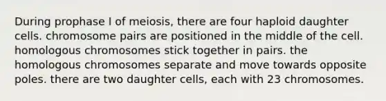 During prophase I of meiosis, there are four haploid daughter cells. chromosome pairs are positioned in the middle of the cell. homologous chromosomes stick together in pairs. the homologous chromosomes separate and move towards opposite poles. there are two daughter cells, each with 23 chromosomes.