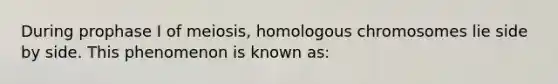 During prophase I of meiosis, homologous chromosomes lie side by side. This phenomenon is known as: