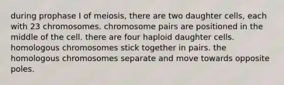 during prophase I of meiosis, there are two daughter cells, each with 23 chromosomes. chromosome pairs are positioned in the middle of the cell. there are four haploid daughter cells. homologous chromosomes stick together in pairs. the homologous chromosomes separate and move towards opposite poles.