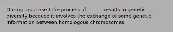 During prophase I the process of ______ results in genetic diversity because it involves the exchange of some genetic information between homologous chromosomes.