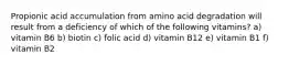 Propionic acid accumulation from amino acid degradation will result from a deficiency of which of the following vitamins? a) vitamin B6 b) biotin c) folic acid d) vitamin B12 e) vitamin B1 f) vitamin B2