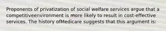 Proponents of privatization of social welfare services argue that a competitiveenvironment is more likely to result in cost-effective services. The history ofMedicare suggests that this argument is: