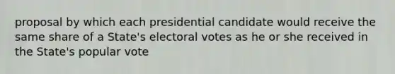 proposal by which each presidential candidate would receive the same share of a State's electoral votes as he or she received in the State's popular vote