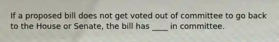 If a proposed bill does not get voted out of committee to go back to the House or Senate, the bill has ____ in committee.