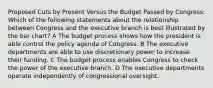 Proposed Cuts by Present Versus the Budget Passed by Congress: Which of the following statements about the relationship between Congress and the executive branch is best illustrated by the bar chart? A The budget process shows how the president is able control the policy agenda of Congress. B The executive departments are able to use discretionary power to increase their funding. C The budget process enables Congress to check the power of the executive branch. D The executive departments operate independently of congressional oversight.