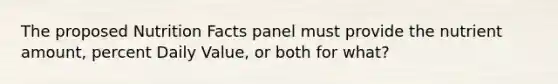 The proposed Nutrition Facts panel must provide the nutrient amount, percent Daily Value, or both for what?