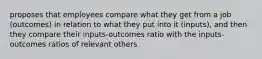 proposes that employees compare what they get from a job (outcomes) in relation to what they put into it (inputs), and then they compare their inputs-outcomes ratio with the inputs-outcomes ratios of relevant others